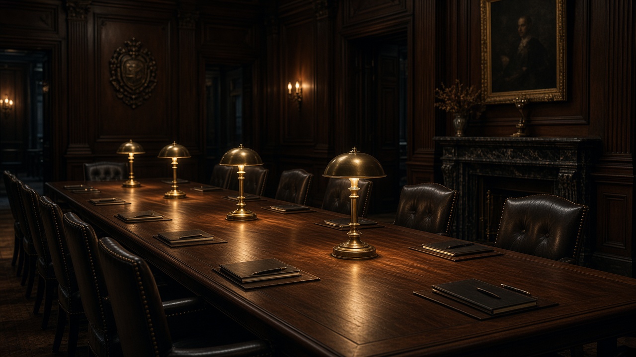 A historic advisory room with a long table and warm lamps