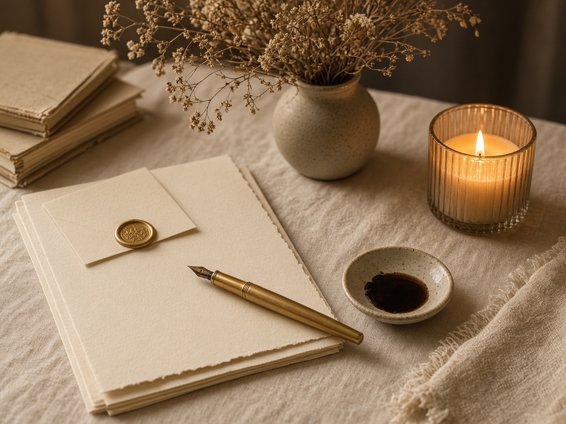 A writing desk with stationery and a fountain pen