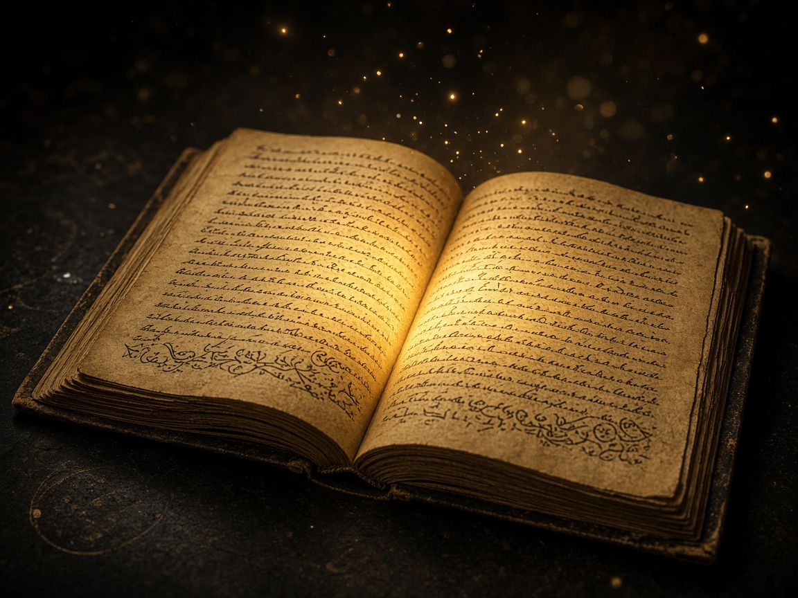An open dictionary glowing from within
