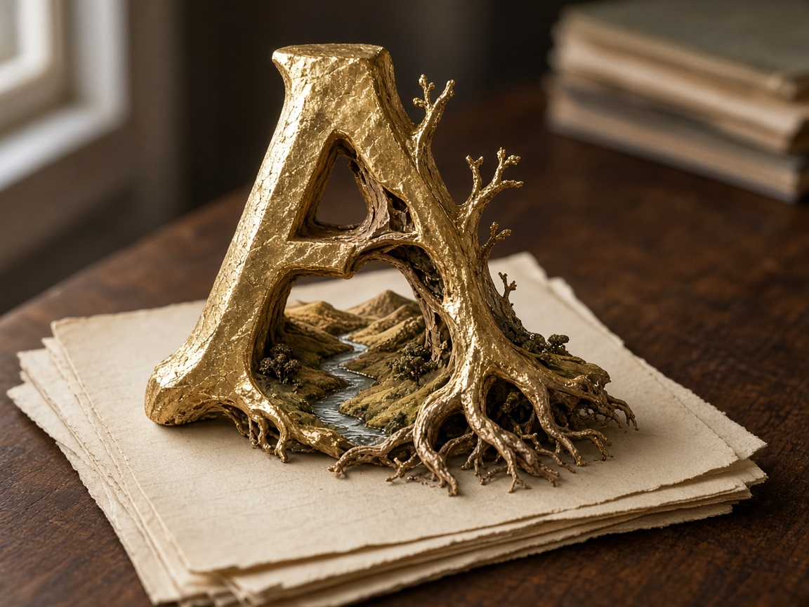A letterform unfolding into landscape